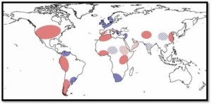 An example map of anomalies in global precipitation during the MCA. Red ovals indicate drier conditions; blue ovals indicate wetter conditions; and hatched ovals indicate greater uncertainty in the paleorecords. Image reproduced from Diaz et al.