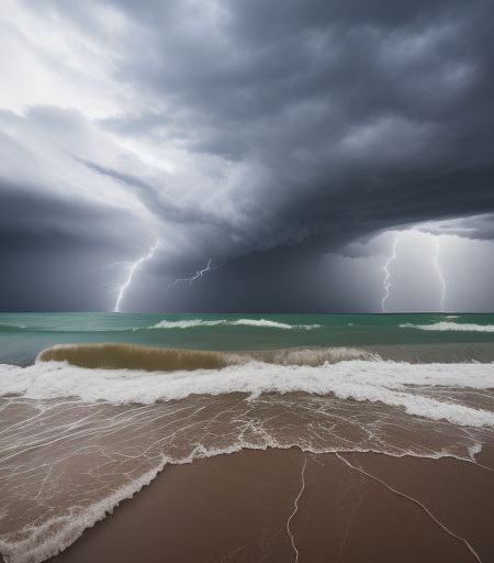 Thunderstorm and rough surf with threatening clouds
